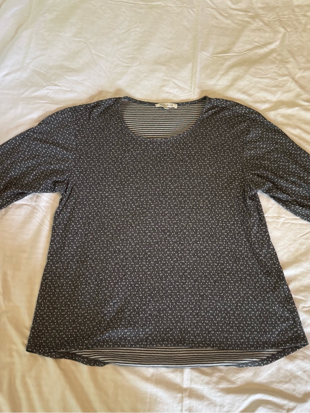 Rose & Olive Black Long Sleeve Scoop Neck Top with White Microdots
